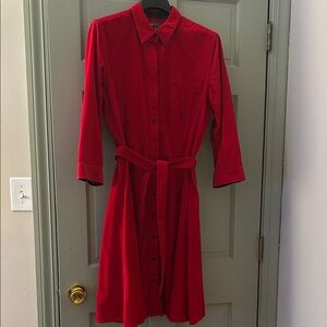 Red Corduroy Button-Up Shirt Dress